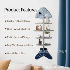 Creative fishbone-shaped <b>wall</b>-<b>mounted</b> storage <b>shelf</b>, blue decorative storage <b>shelf</b> for living room, multi-layered bookshelf. - Product Image 2