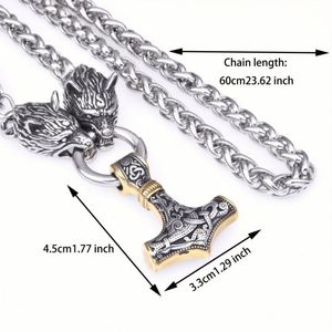 Collier Viking pour Homme, Pendentif Tête de Loup Vintage, Marteau de Thor Mjolnir, Bijoux Nordiques, Chaîne en Acier Inoxydable, Collier Empereur - Product Image 4