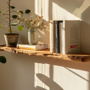 Étagère flottante en bois massif sur mesure avec bord naturel |   Étagère murale pour <span class=keywords><strong>CD</strong></span> et livres, présentoir irrégulier pour salon rétro - Product Image 2