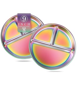 Lot de 2 assiettes en acier inoxydable pour enfants, assiettes divisées en portions de 9 "pour tout-petits et bébés, plats de <span class=keywords><strong>d</strong></span>îner incassables non toxiques - Product Image 1