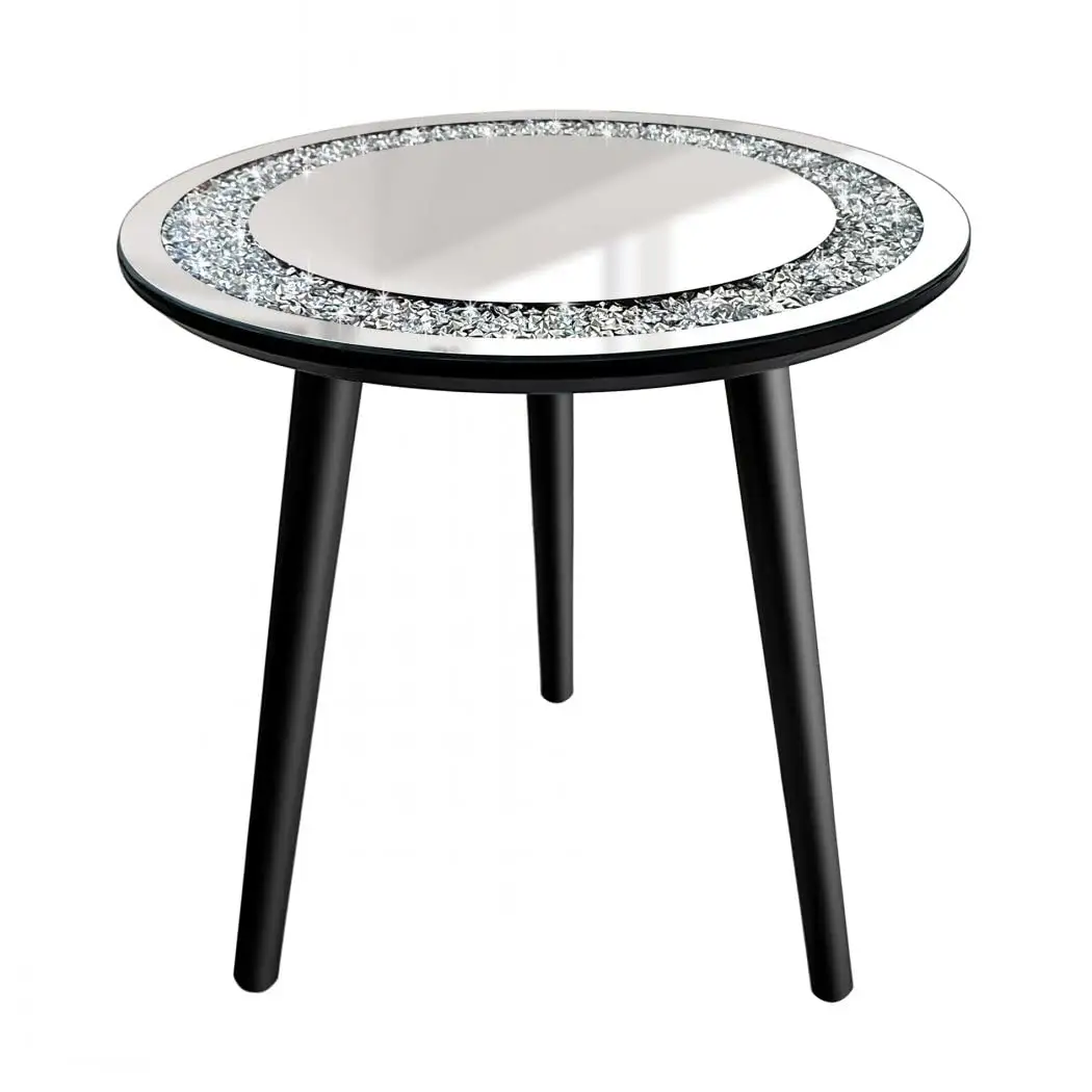 Mesa de centro redonda con espejo de diamante de cristal, mesita de noche con tapa de cristal y patas de madera, gran oferta