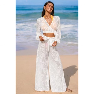 The New Product Is White Wide-legged Beach <b>Sunscreen</b> Long-sleeved V-neck Breathable Cinched Waist Tie and Slimmed - Product Image 6