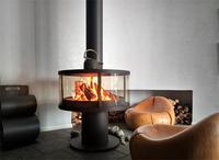 Cheminée autoportante noire en acier au carbone avec verre et table, pour hôtel, poêle à bois moderne, personnalisable