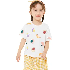 Custom Children's Clothing Summer Yellow White O Neck Short Sleeve Organic Cotton Cartoon Printing Kids Baby Girls T-shirt