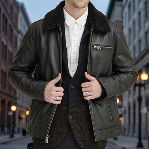 Men's Genuine Leather Jacket <b>Sherpa</b> <b>Lined</b> Zipper Closure Moto Style Winter Outerwear - Product Image 2