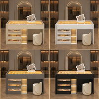 Coiffeuse de chambre en bois massif crème avec tabouret, plateau en verre avec éclairage LED, 3 tiroirs avant, étagères ouvertes, miroir LED intégré et ouverture pour les genoux