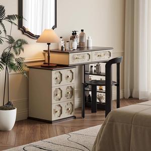 Guji Solid Wood Retro Pattern Dressing <b>Table</b> With Storage Bedroom <b>Makeup</b> Vanity - Product Image 2