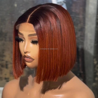 Perruque de Cheveux Humains Naturels Bruts Vietnamiens Ombrés Roux-Marron Gingembre, Courts Carrés, Fermeture en Dentelle HD Sans Colle, Prix de Gros Abordables