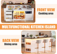 Îlot de cuisine de grande taille avec poubelle intégrée, îlot de rangement fixe avec éclairage, table d'îlot de cuisine à hauteur de comptoir avec 3 tiroirs