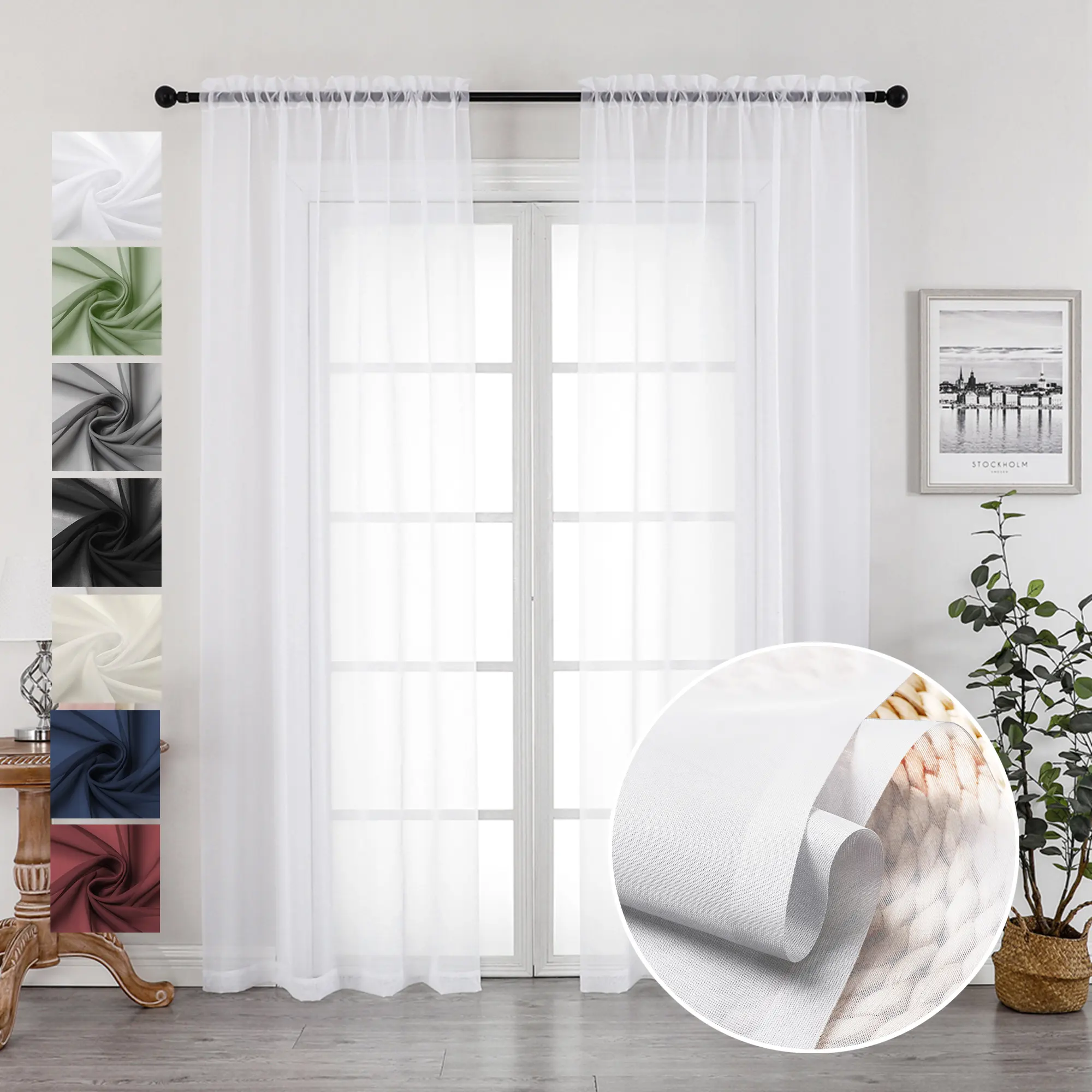 OWENIE Sheer Fabric Voile Grommet Janela Cortina Para Sala De Estar E Quarto cortina transparente branca