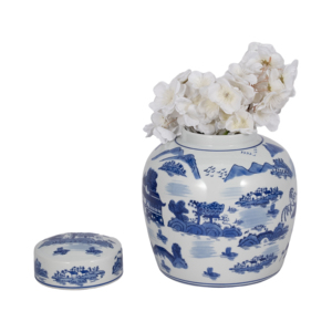 Vaso decorativo in ceramica con coperchio, design paesaggistico blu e bianco, per la casa, soggiorno, camera da letto, ufficio. - Product Image 2