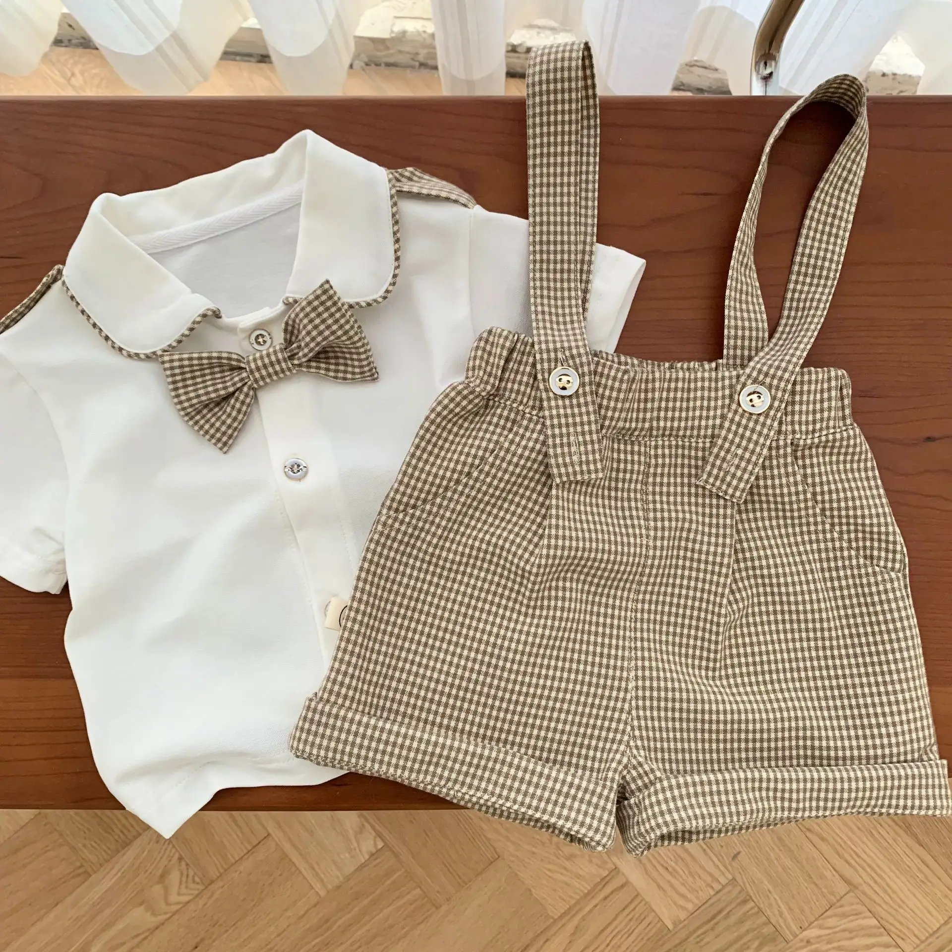 Fashion Baby Toddler Boy Formal Gentleman Suits Cute Dress Short Shirt with Bow tie+Suspender Plaid Shirts Shorts Dressy Outfit