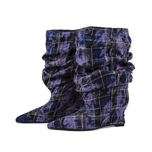 Bottines souples femmes Plaid Denim surdimensionné <span class=keywords><strong>large</strong></span> <span class=keywords><strong>mollet</strong></span> bout pointu sculptural talon compensé Grunge Style occidental - Product Image 3