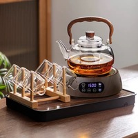 Ensemble de bouilloires en verre personnalisées avec logo, capacité 1000 ml, pour thé, café, jus, eau, avec 4 tasses et poignée en bois