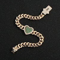 Pulsera de Cadena Cubana de Latón Chapada en Oro de 14K, Joyería de Boda Impermeable, Pulsera de Corazón con Circones Blancos y Verdes para Mujer