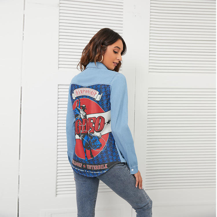 Camisa vaquera de estilo americano para mujer y niña, blusa de color liso  azul, ropa de talla grande