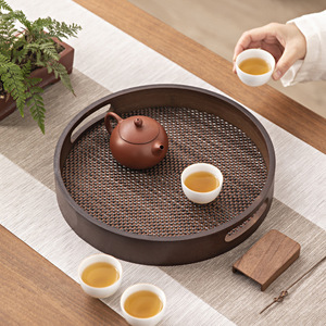 Plateau à thé en bambou avec poignée, imitation rotin, plateau rond pour servir du café, du thé, des collations, usage domestique - Product Image 4
