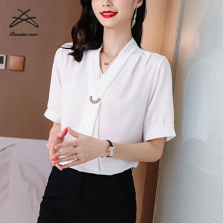 Mulher Moda Chiffon V Pescoço Camisa de Manga Curta Blusa Coreano Para As Mulheres Blusas Top Camisas de Negócios Oficial