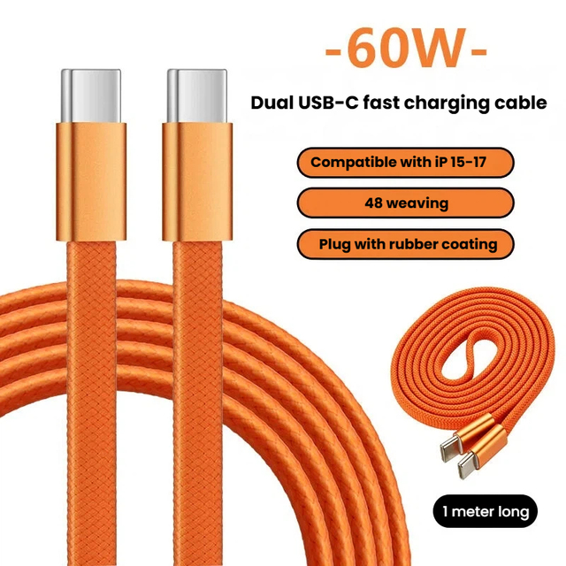 Durable PD 60W USB C Cable Fast Charging Type-C Cord Flat Metal Braided Power Line for Apple for iPhone 17 Pro Orange Cable