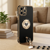 Étui en TPU XYZ pour 13 Pro Max avec béquille double anneau, motif cœur, luxe et brillant pour femmes et filles - Noir
