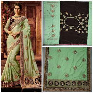 Màu Xanh Bóng Mờ In Saree Với Hai Màu Sắc Voan Satin Vải Đá Làm Việc Và Ren Biên Giới Với Đá Chảo Thiết Kế Màu Xanh Áo May Mặc - Product Image 2