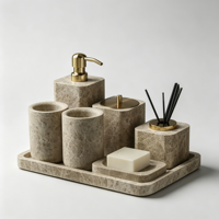 Ensemble de salle de bain en résine marbrée beige 7 pièces, distributeur de savon, couleur personnalisée, décoration moderne pour la maison, accessoires de salle de bain de luxe
