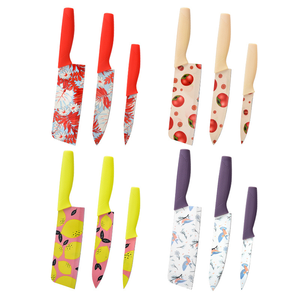 SFB96 Stylish Printed <b>Kitchen</b> Knife Set Stainless Steel 3‑Piece Knives Ergonomic Non‑Slip <b>Red</b> Handles With Safety Blade Guards - Product Image 4