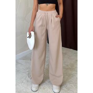 Pantalon Cargo Décontracté Beige pour Femme, Coupe Droite, Rayures Latérales, Taille Haute/Basse, Respirant, Haute Qualité, Confortable, Vente en Gros - Product Image 1