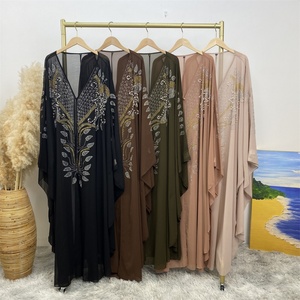 Arab Lightweight Chiffon Butterfly Abaya <b>Long</b> <b>Kaftan</b> with Gold Diamond and White Beads for Party Wedding 6743# - Product Image 5