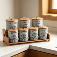 Boîtes de rangement alimentaire multifonctionnelles, ensemble de 7 pots cylindriques en céramique avec poignée et couvercles en bois