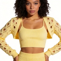Ensemble deux pièces en tricot jaune beurre ajouré pour femme : Boléro et débardeur – Style doux et épicé – Ropa De Mujer