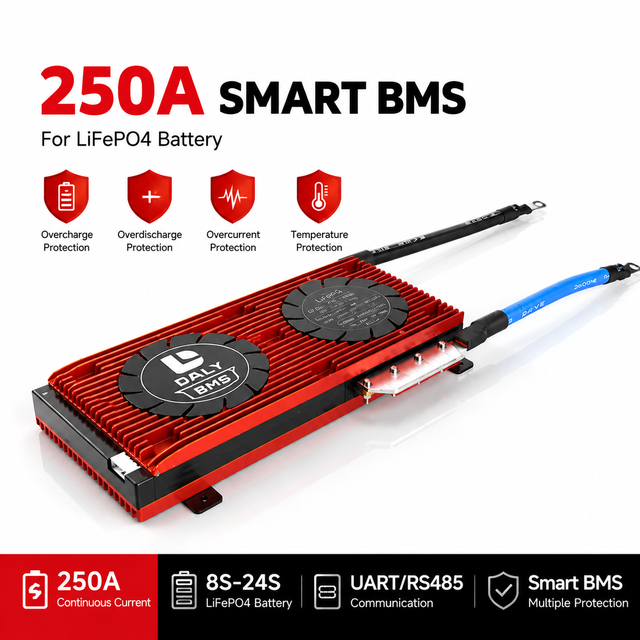 250A Smart BMS LiFePO4 Battery Management System High Current Protection Board for Solar Energy Storage RV and Off-grid