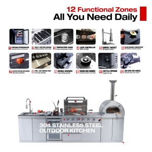 ชุดครัวกลางแจ้งแบบเกาะพร้อมเตาบาร์บีคิวแก๊สสำหรับสวน ยี่ห้อ USA Warehouse พร้อมเตาอบพิซซ่าขนาดใหญ่ อ่างล้างจาน ตู้เย็น และเตา 4 หัว - Product Image 6