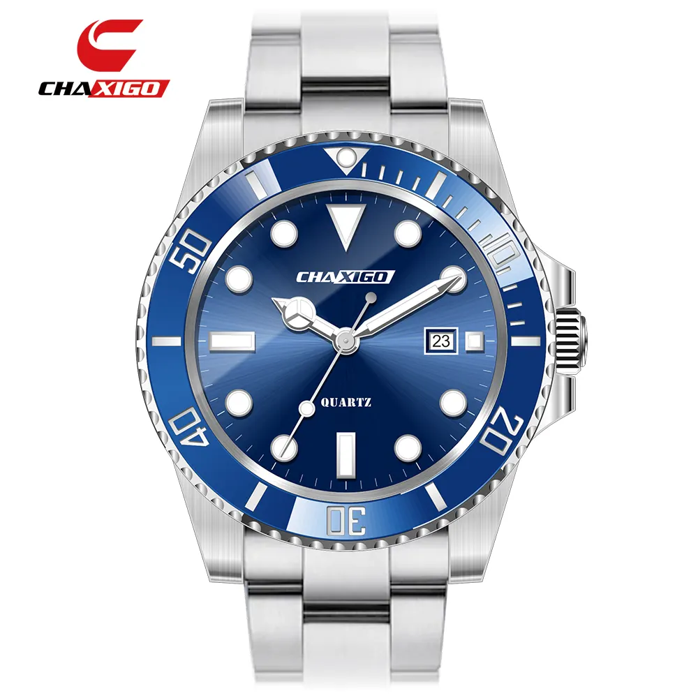 CHAXIGO montre de mode usine logo personnalisé hommes poignet d'affaires tendance marque 30 ATM bleu tout acier quartz montre étanche