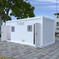 Toilette mobile portable d'extérieur en forme de ventilateur avec porte, douche, structure en acier, utilisation extérieure, ignifuge, durable, écologique