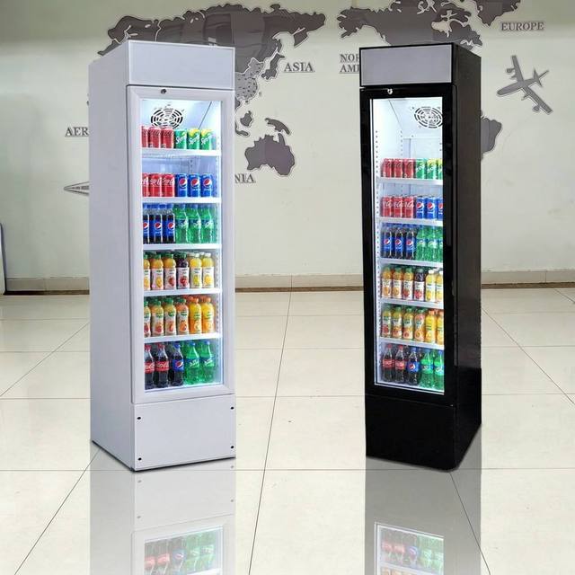 Commercial Vertical Full Glass Door Display Small Fridge Beverage Cans Slim Cooler With Compressor