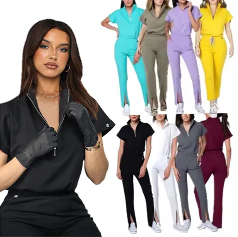새로운 디자인 레이온 비스코스 스크럽 세트 여성 간호사 블랙 지퍼 셔츠 로고가있는 여성을위한 분할 바지 작업 및 오한 스크럽 슈트