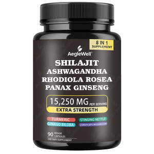 Capsules de Shilajit 8-en-1, 60 unités, pour adultes, avec Ashwagandha, Rhodiola Rosea, Panax Ginseng, pour l'énergie et la concentration, complément alimentaire à base de plantes - Product Image 1