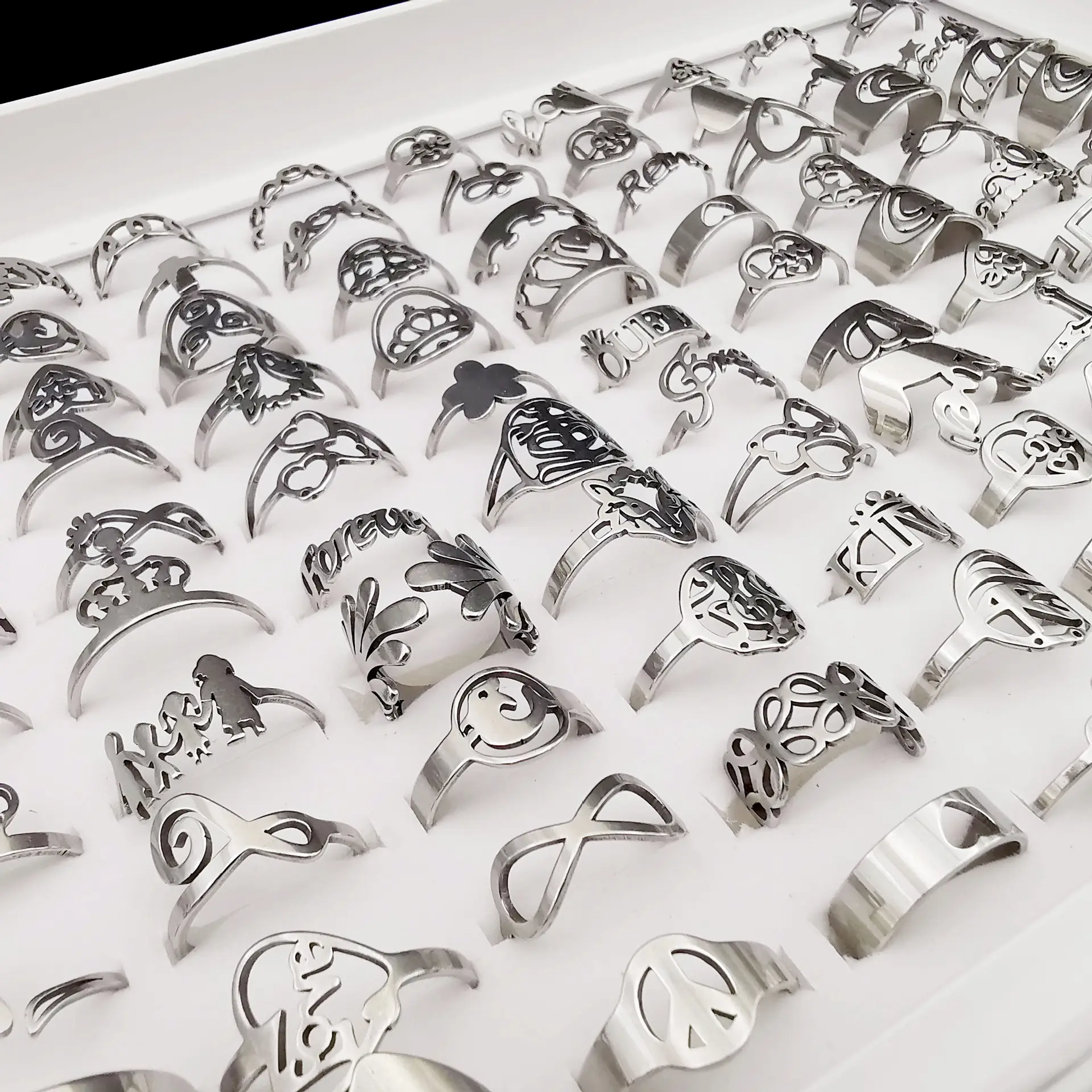 PUSHI ใหม่ราคาถูกขายส่ง Designs 100แหวนต่อกล่อง Radiant Cut สแตนเลสขนาดผสม Lot รูปแบบแหวน