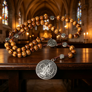 Rosario Católico con Cruz Plateada, Cuentas de Madera Religiosas y Mini Cuentas de ABS/Aleación de Zinc que Brillan en la Oscuridad, Centro de Mesa al por Mayor - Product Image 4