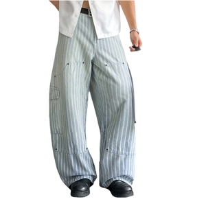 Pantalones <span class=keywords><strong>cargo</strong></span> de mezclilla holgados a rayas azul claro para hombre con múltiples bolsillos - Product Image 2