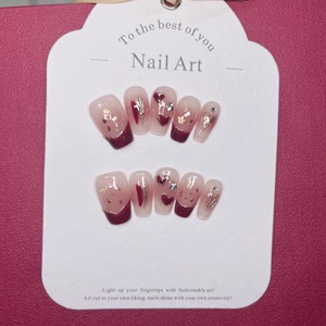 YZ 76 Automne/Hiver Ongles artificiels à couverture complète, faits main, à porter, avec motif cœur en feuille d'or français blanc pâle et rouge, pour le Nouvel An - Product Image 1