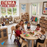 Table Ronde pour Enfants de Maternelle EMA Premium en Chêne Massif, Zone Artistique Multi-personnes, Création DIY, Robuste et Durable, Bureau d'Étude Rond