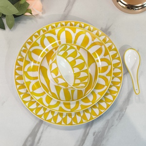 Juego de Vajilla de Porcelana China Ecológica con Estampado Geométrico Amarillo y Blanco, 4 Piezas con Tazones, Platos y Cuchara para Comer en Casa - Product Image 3