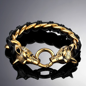 Genuine cowhide woven wolf head bracelet colorfast titanium steel animal <b>bangle</b> leather wristband jewelry for <b>men</b> daily wear - Product Image 2