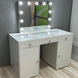 Coiffeuse moderne en MDF avec tiroirs et armoires Miroir lumineux tricolore équipé Bluetooth pour chambre à coucher - Product Image 5