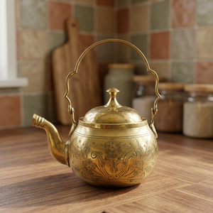 <b>Vintage</b> Brass Tea <b>Kettle</b> With Lid Metal Handle Floral Engraved Design Water Pot <b>Kettles</b> - Product Image 6