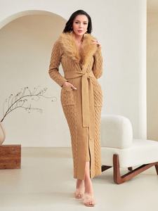 Abito Slim in tinta unita personalizzato invernale con colletto felpato <span class=keywords><strong>cintura</strong></span> pelosa <span class=keywords><strong>Cardigan</strong></span> lungo lavorato a maglia 2 pezzi completo maglione da donna - Product Image 5