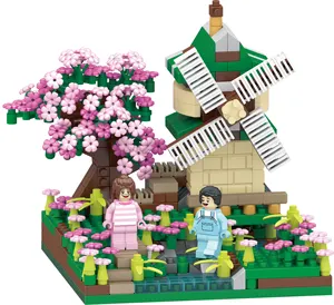 Architecture River Windmill Sakura Tree Plants Set Building Bricks Toys Trees Flowers Micro Block Model Kit Gift for Kids