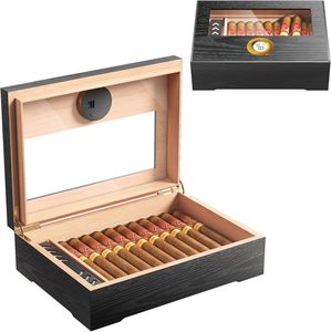 Humidificador de Cigarros de Escritorio de Madera de Cedro con Higrómetro, Tapa de Cristal, Cerradura de Combinación, Cortador, Punzón, Cenicero y Compartimentos de Almacenamiento Marrones - Product Image 4